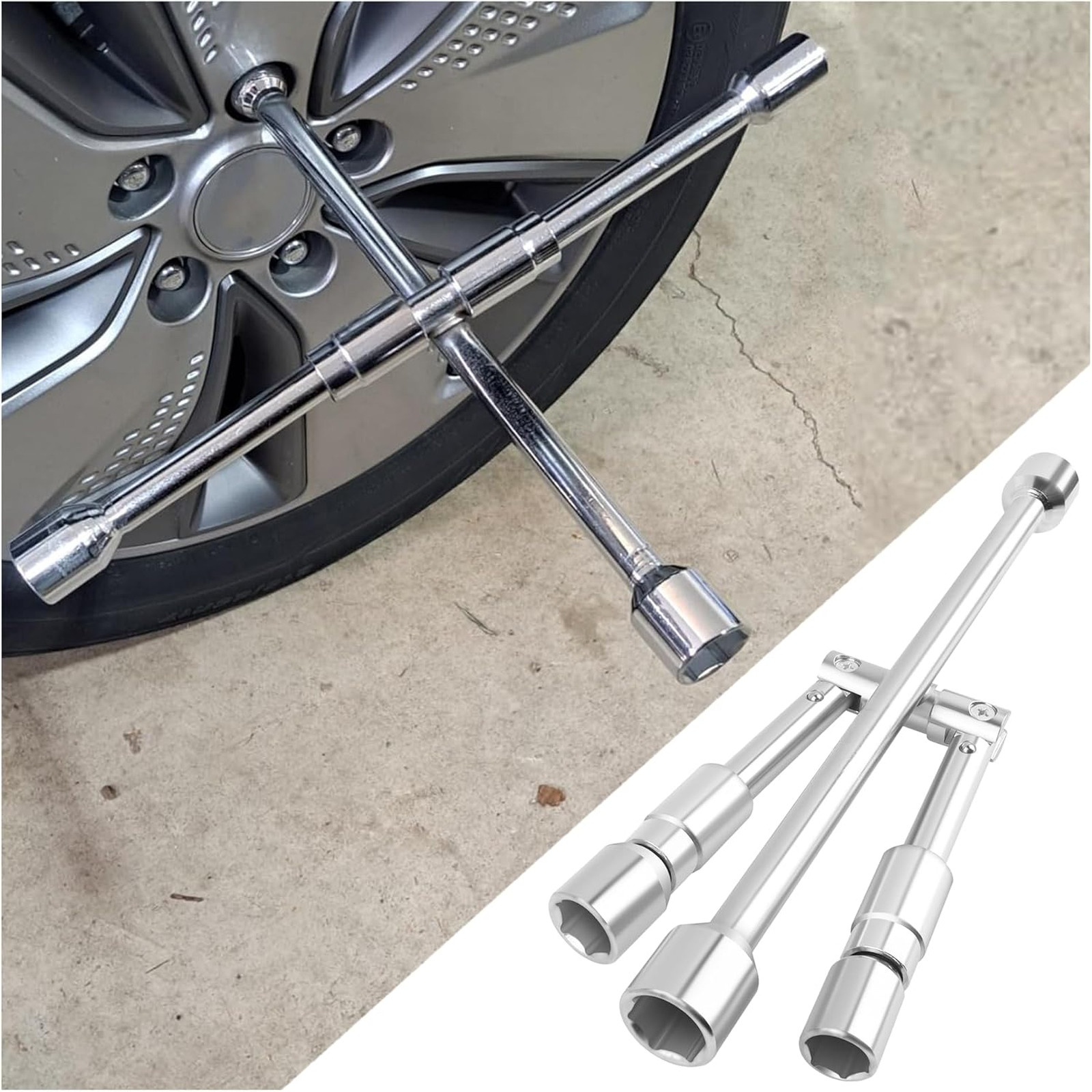 Foldable 14 Inch 4 Way Lug Wrench with Interchangeable Sockets 17mm 19mm 21mm