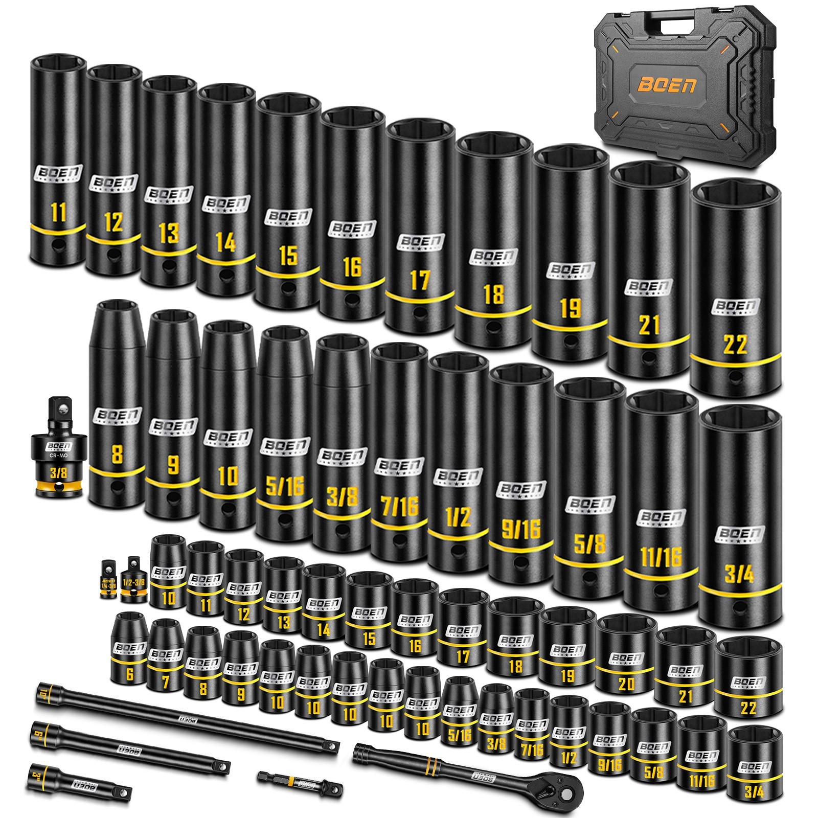 3/8″ Drive Impact Socket Set, 60PCS Metric (6-22mm) , SAE (5/16″-3/4″)