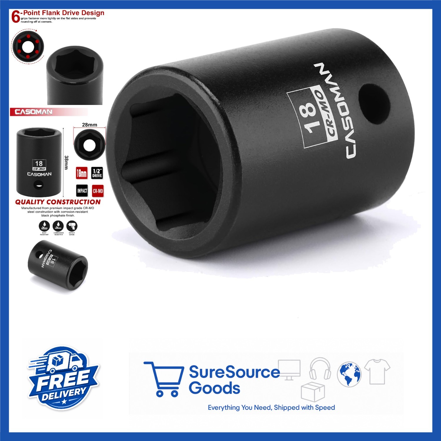 Chrome Molybdenum 18mm Impact Socket 1/2″ Drive 6-Point Black Finish