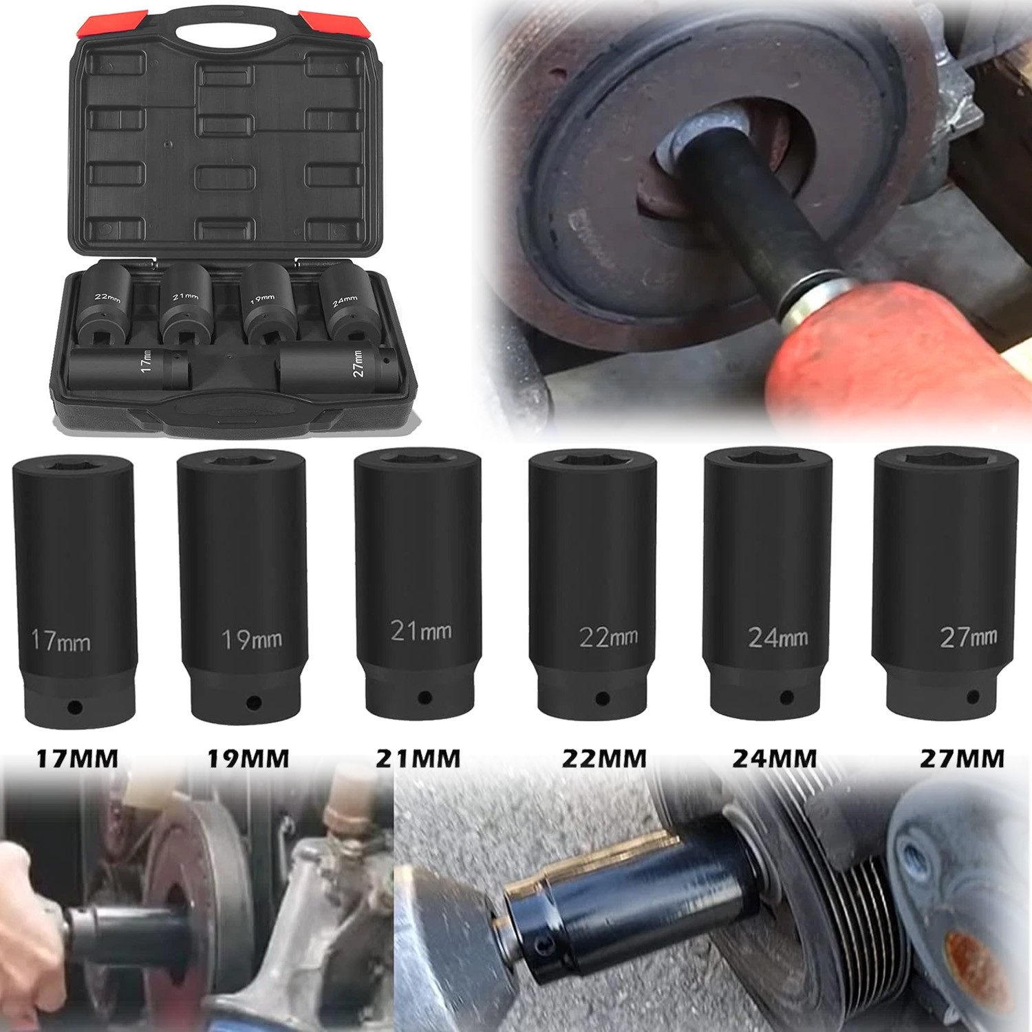 6 Pack 1/2 Drive Deep Impact Socket Set Crank Bolt 17mm 19mm 21mm 22mm 24mm 27mm