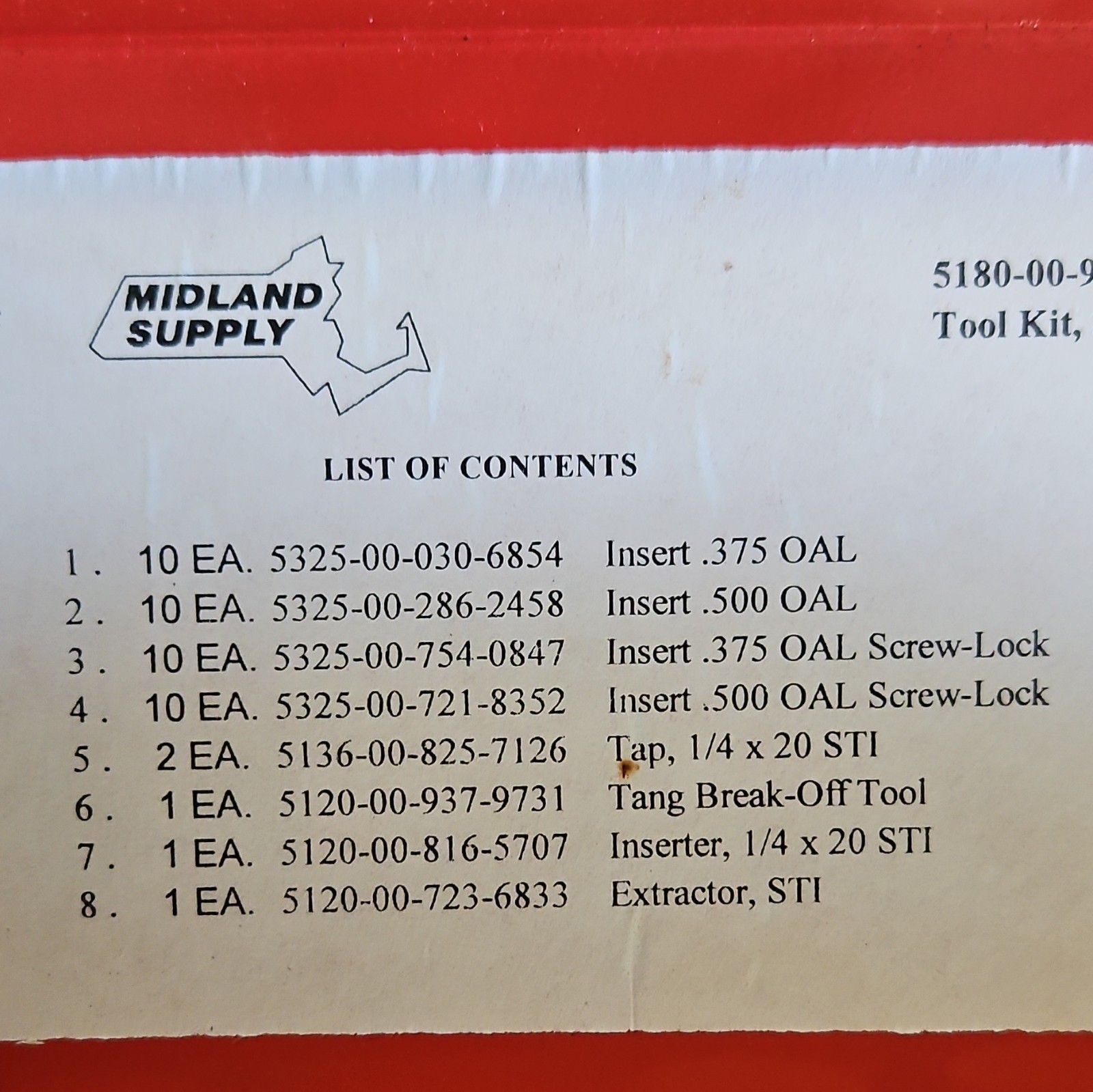 MIDLAND SUPPLY. 5180-00-935-0732 TOOL KIT. SCREW THREAD INSERT 1/4 x 20