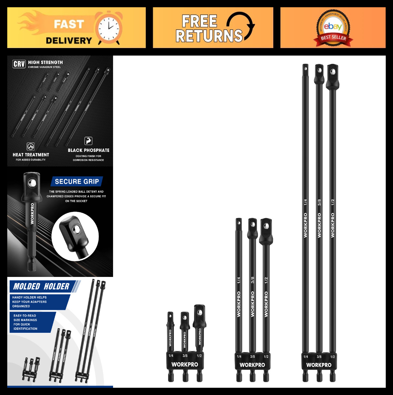 9-Piece Socket Adapter Extension Set, 1/4, 3/8, 1/2-Inch Drive, Impact Grade Bit