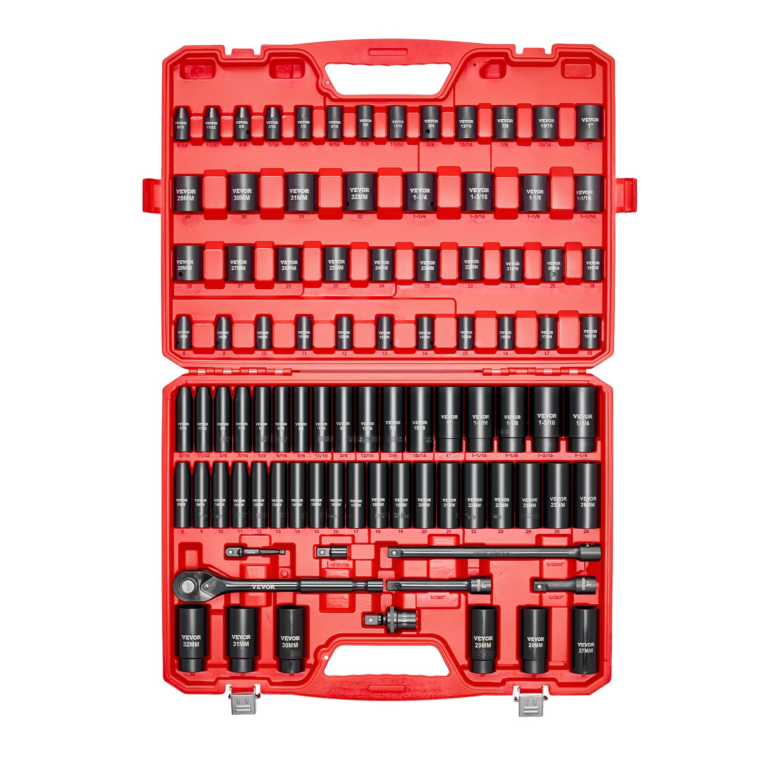 VEVOR 1/2 in Drive Impact Socket Set 91 Pcs SAE 5/16 to 1-1/4 in Metric 8-32 mm