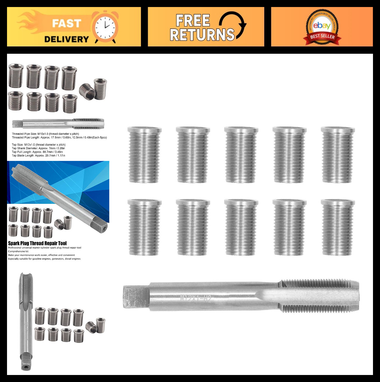 Spark Plug Thread Repair Tool Kit – High Speed Steel Tap with M10 & M12 Inserts