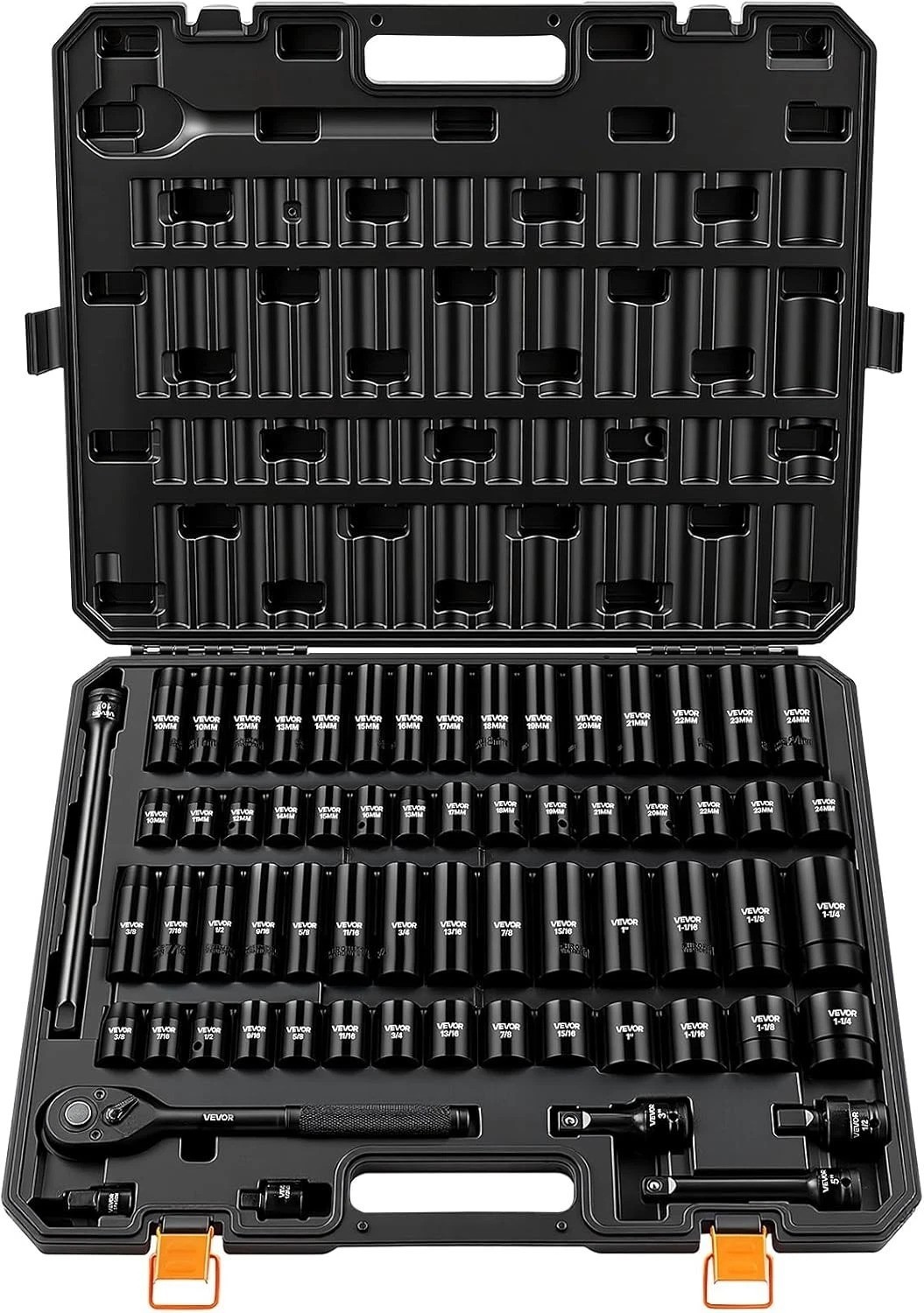 1/2″ Drive Impact Socket Set, 65 Piece SAE 3/8″ to 1-1/4″ and Metric 10-24mm,…