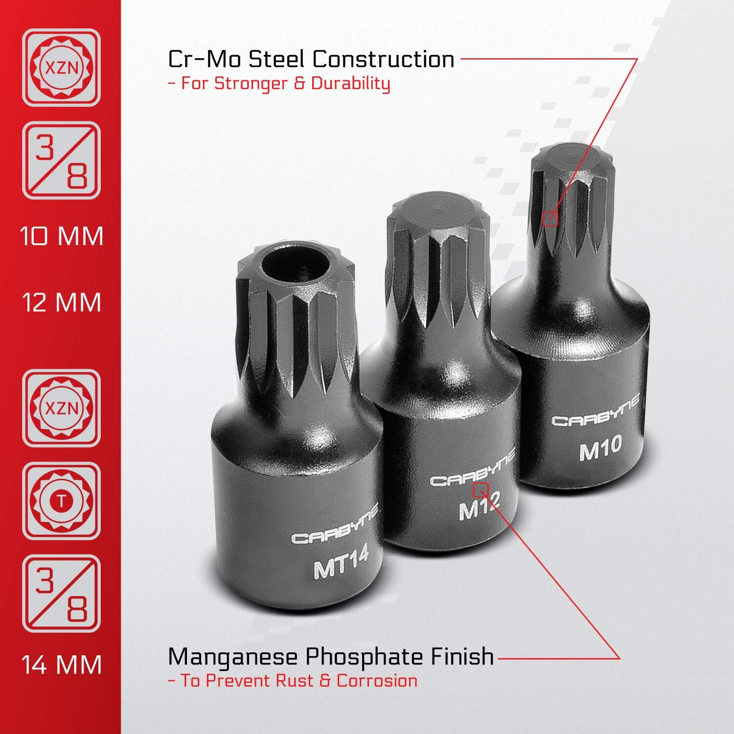 CARBYNE 9 Piece XZN Triple Square Bit Impact Socket Set, 4mm to 18mm