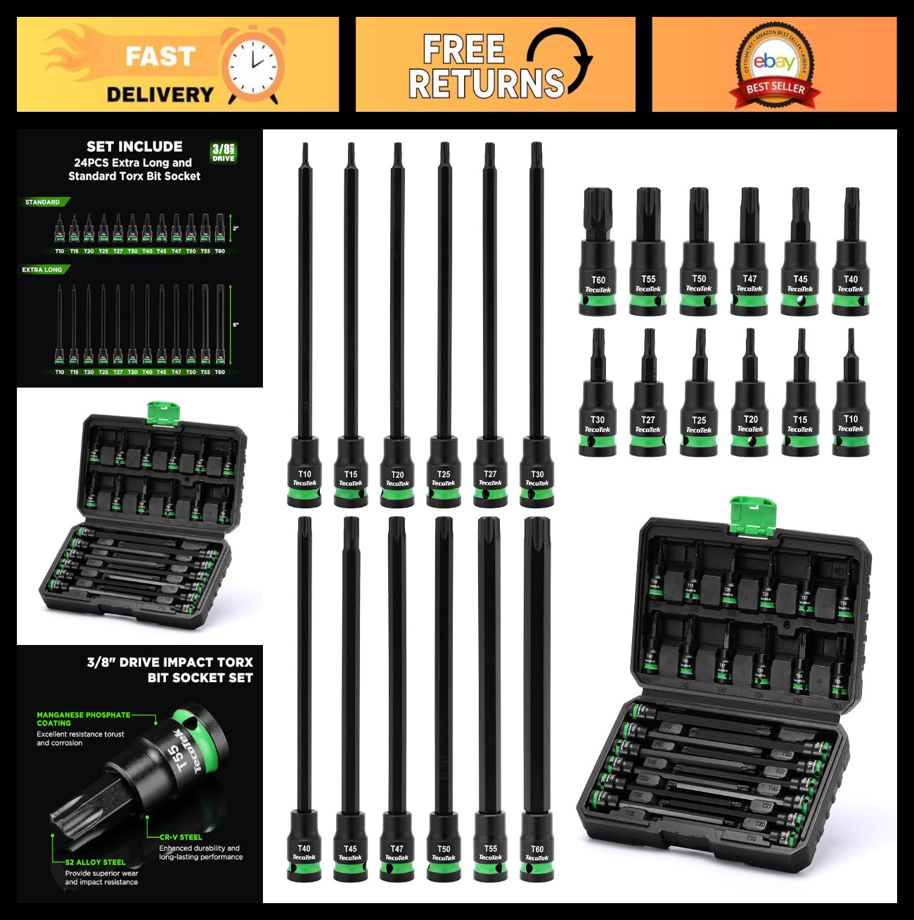 Extra Long 24PCS Torx Bit Socket Set, 3/8″ Drive S2 Alloy Steel, T10-T60, CR-V,