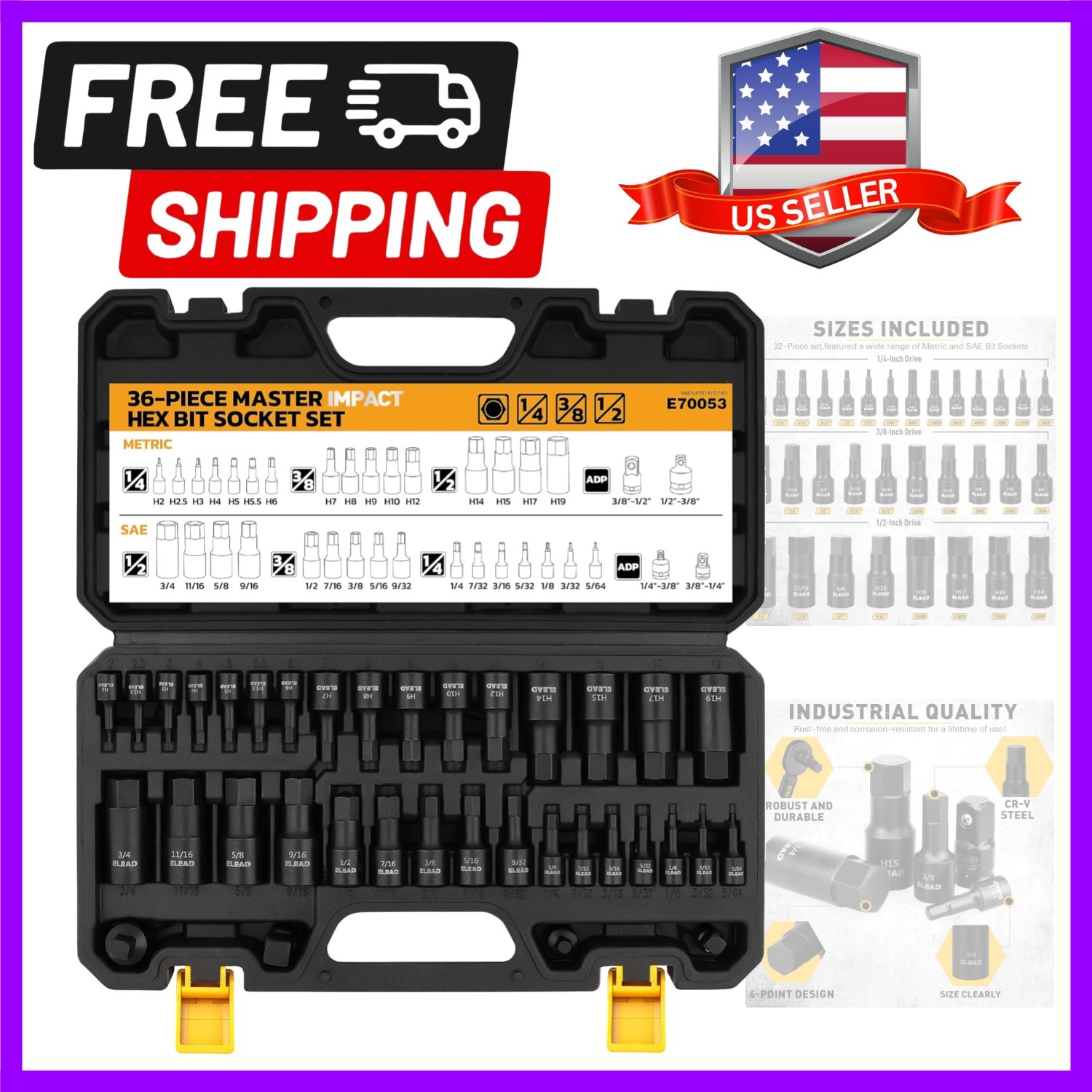 Hex Bit Impact Socket Set: 36-Piece with 4 Adapters, 1/4″, 3/8″, 1/2″Drive Ma…