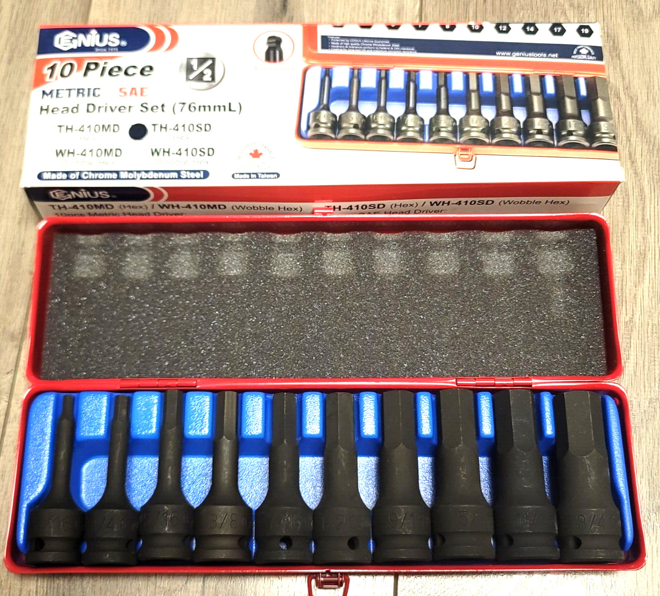 Genius Tools PRO 10pc 1/2″dr SAE Impact Hex Head Driver Set TH-410SD