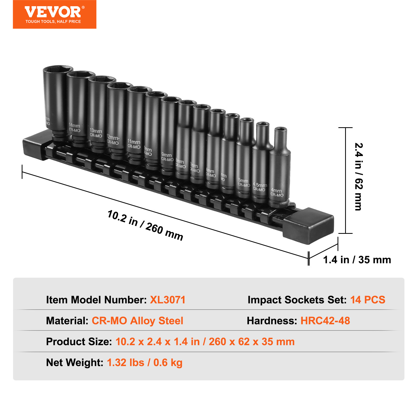 VEVOR Impact Sockets Set 14PCS 6-Point 1/4″ Deep Socket Set Metric 4-15mm Cr-Mo