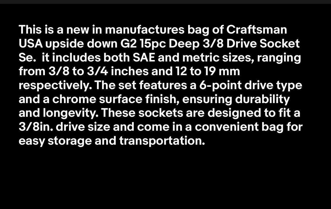 Craftsman USA G2 15pc 3/8 Dr. 6 Pt. Deep Socket Set SAE 3/8-3/4 Metric 12-19 NEW