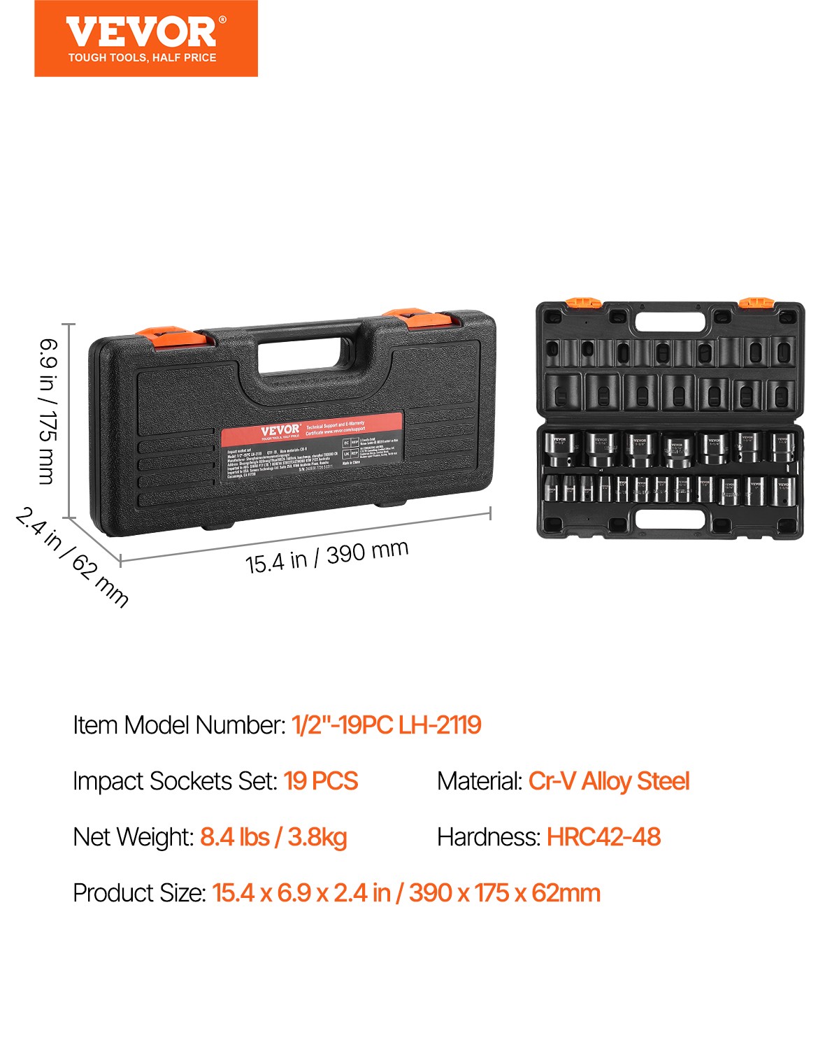 Impact Socket Set 1/2 Inches 19 PCS, 3/8» to 1-1/2» SAE 6-Point Hex Sockets