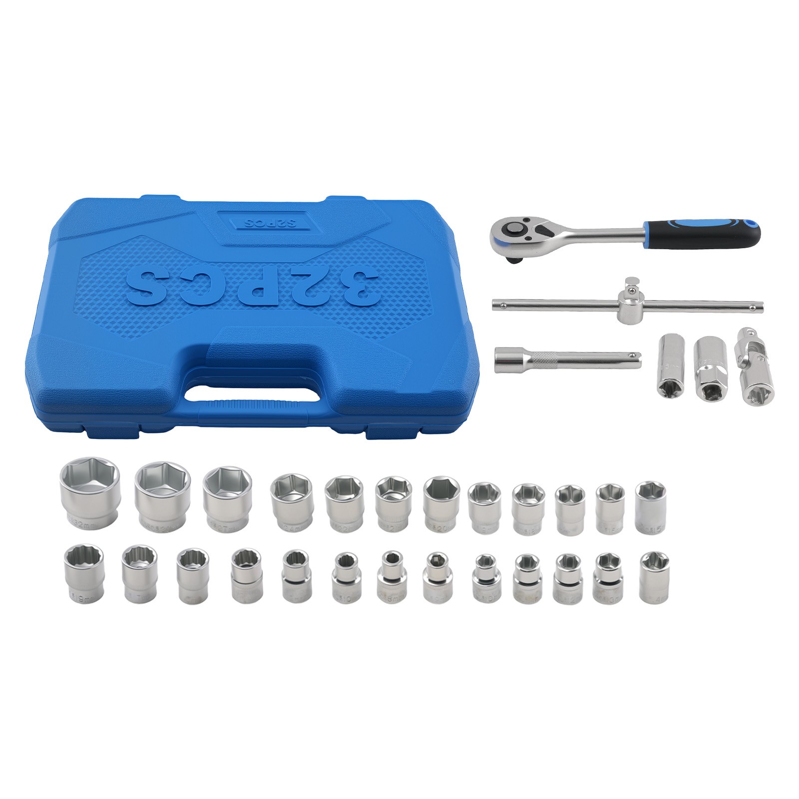32 Piece 1/2″ Socket Set 8-32mm 6-Point 12-Point Ratchet Extension Bar Tool