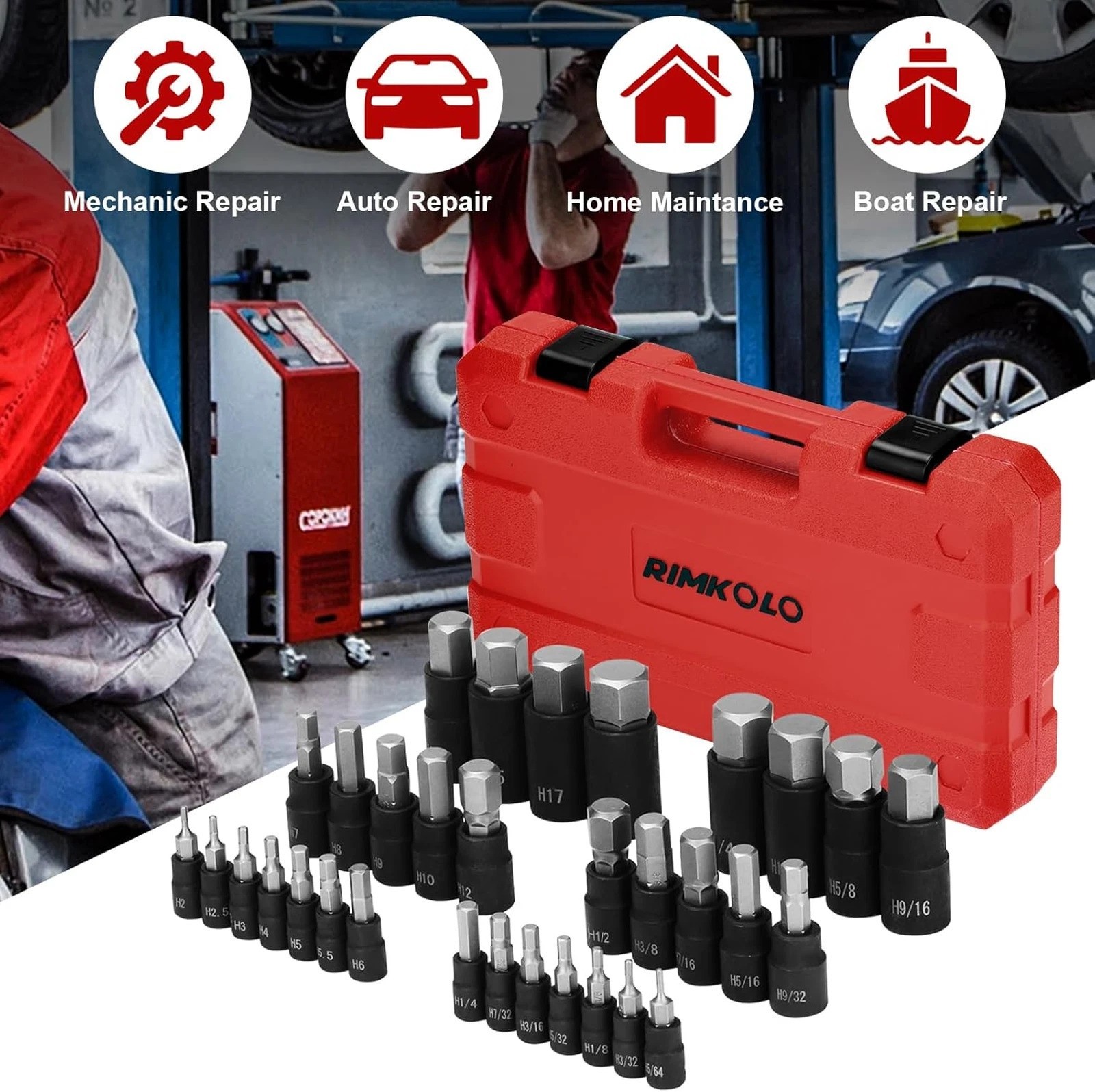 Hex Impact Bit Socket Set 32-Piece SAE Metric Allen Sockets 1/4 3/8 1/2 Drive S2