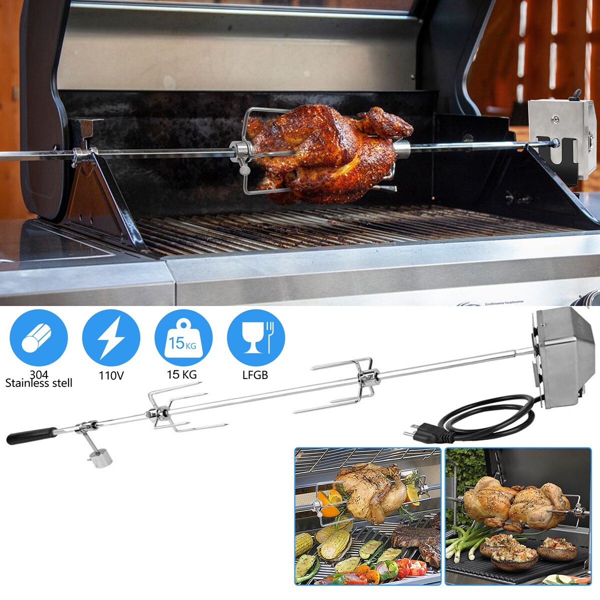 Universal Grill Rotisserie Kit for Spit Rods 47» X 1/3» Hexagon Spit Rod US