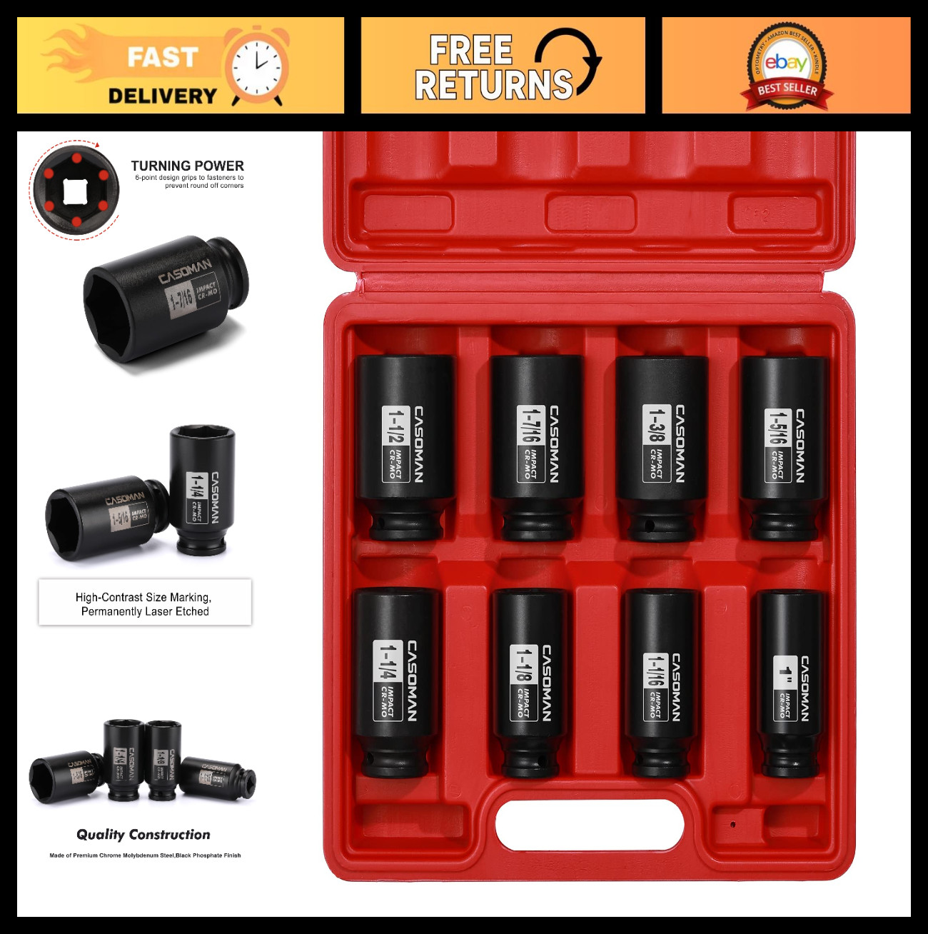 1/2″ Drive Deep Impact Socket Set, 8-Piece, 6 Point, CR-MO, SAE, Axle Nut Tools