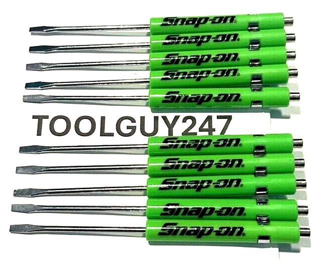 SNAP ON TOOLS 10 TEN Snap On Pocket Screwdrivers Flat Tip GREEN MAGNETIC END