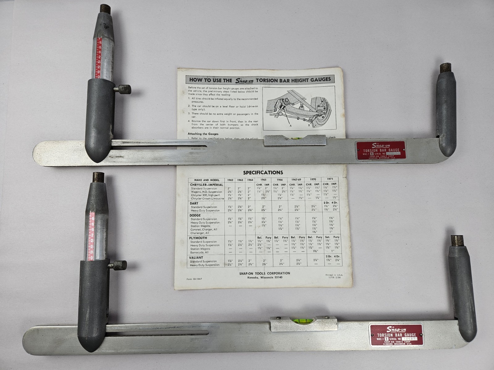Snap-On WAC-1 Torsion Bar Gauge Mopar Ride Height Level Tool Pair 1 Cracked Vial