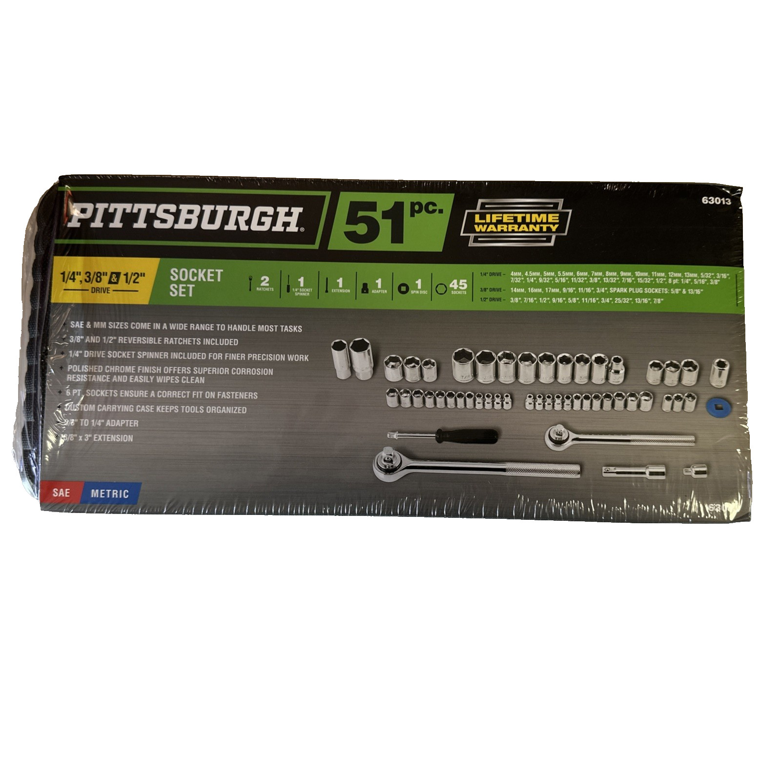 PITTSBURGH 1/4 in., 3/8 in., 1/2 in. Drive SAE and Metric Socket Set, 51-Piece