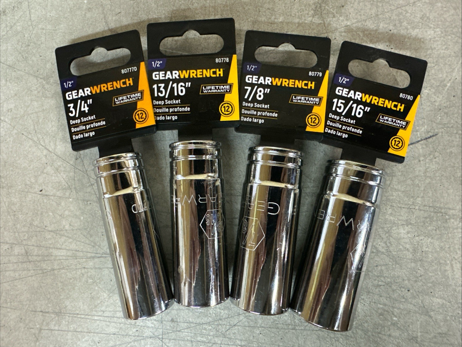 NEW GearWrench Deep Socket 1/2” Drive 12pt. 4pc. 3/4” 13/16” 7/8” 15/16”