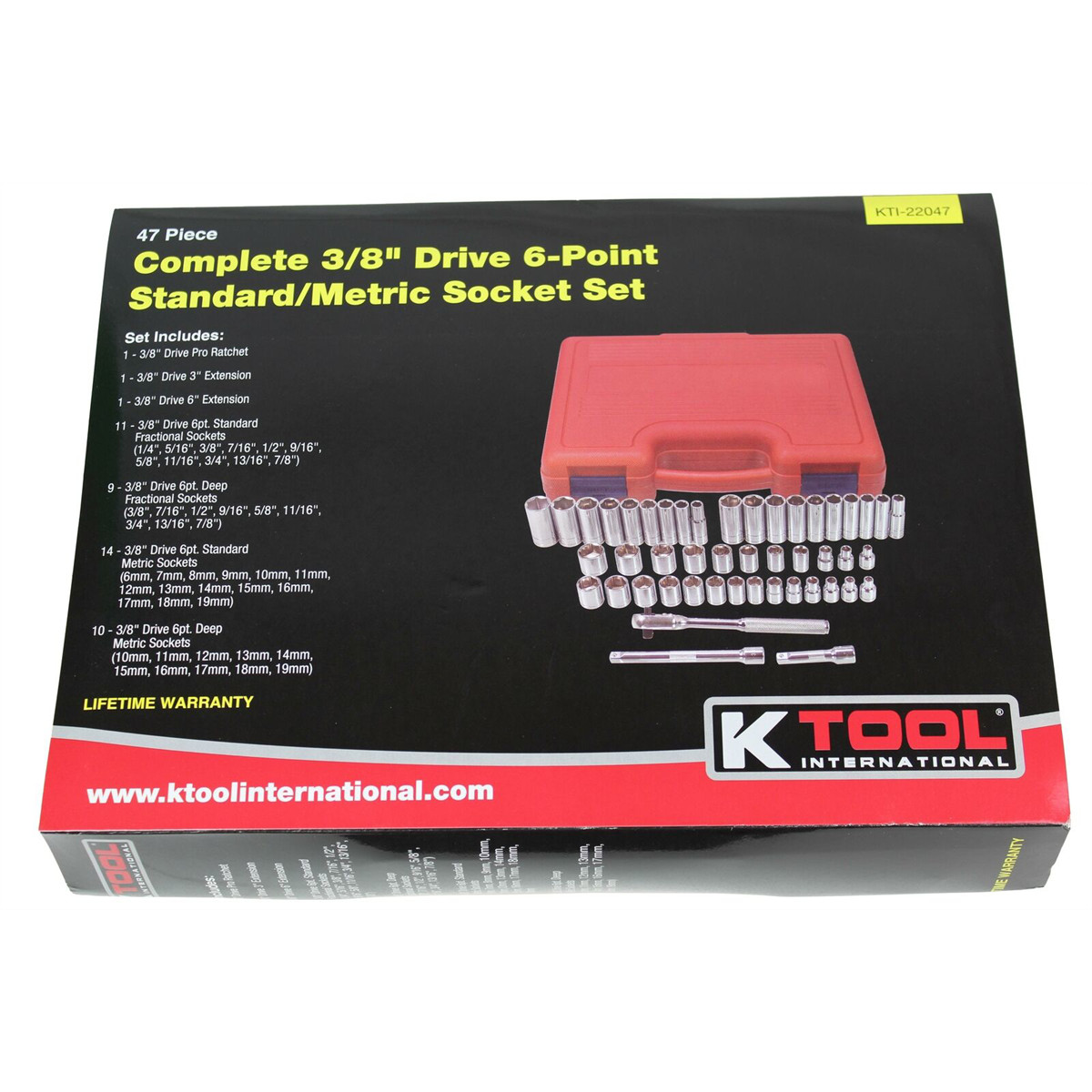 K-Tool 22047 47pc 3/8″ Drive Socket Set; 6pt Sockets, Heat Treated Steel