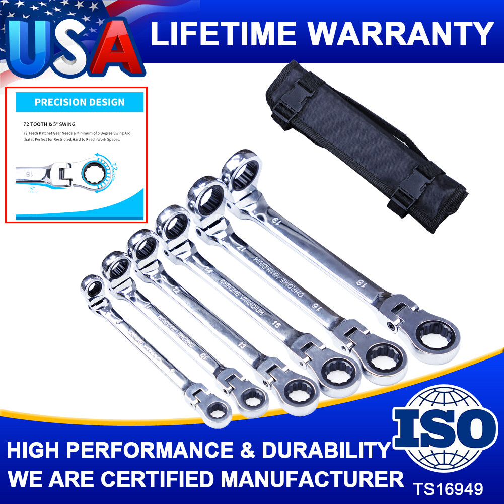 6Pcs Ratcheting Wrench Set Spanner Tool Combination 8-19 mm Metric Flexible Head