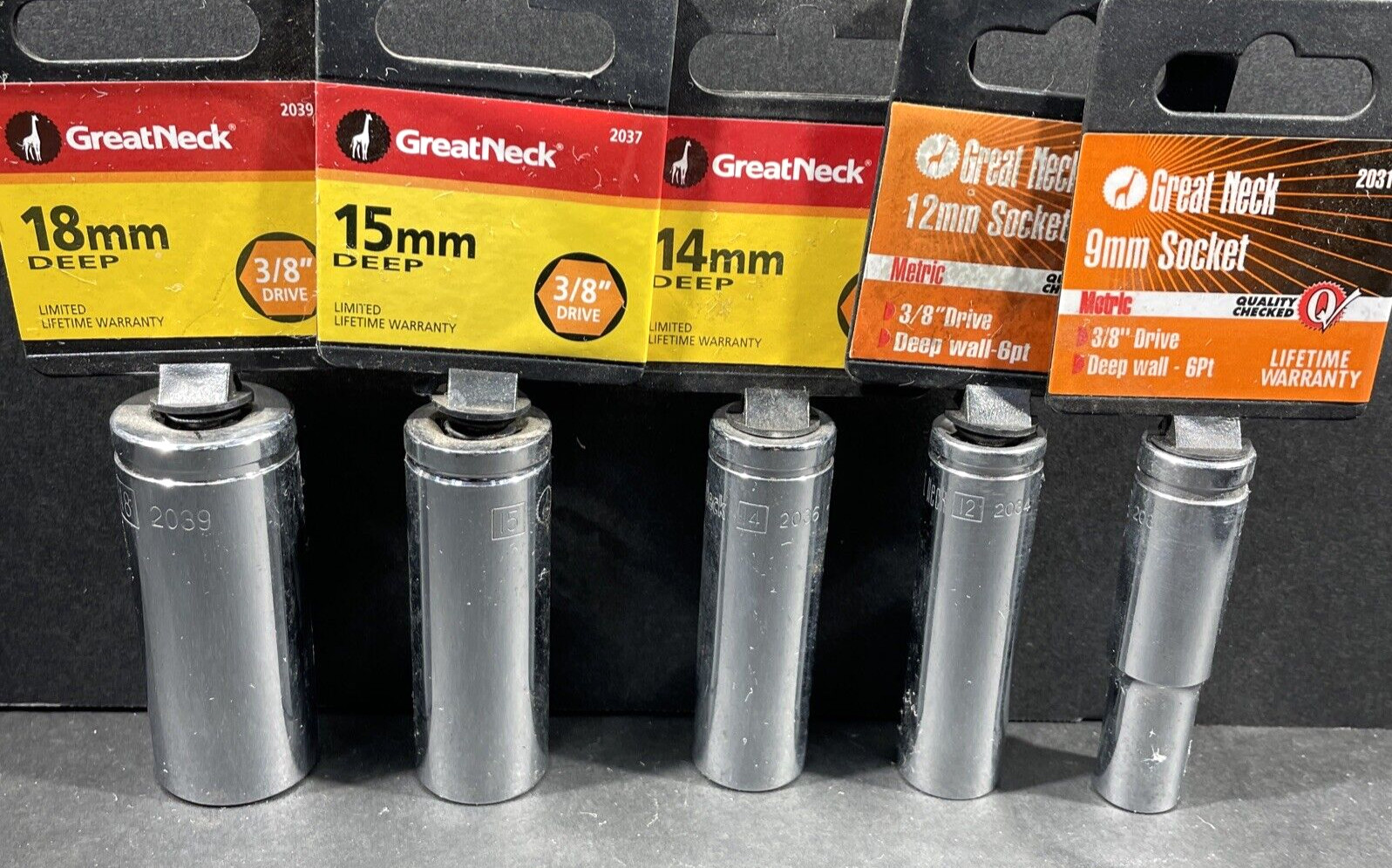 5- Metric Deep Great Neck Sockets, 18mm 15mm 14mm 12mm 9mm, 3/8” Drive, 6 Point