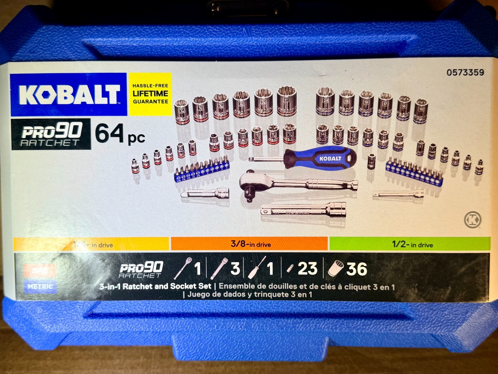 Kobalt 64 Piece 3-in-1 Ratchet & Socket Set Standard SAE Metric Case 0573359