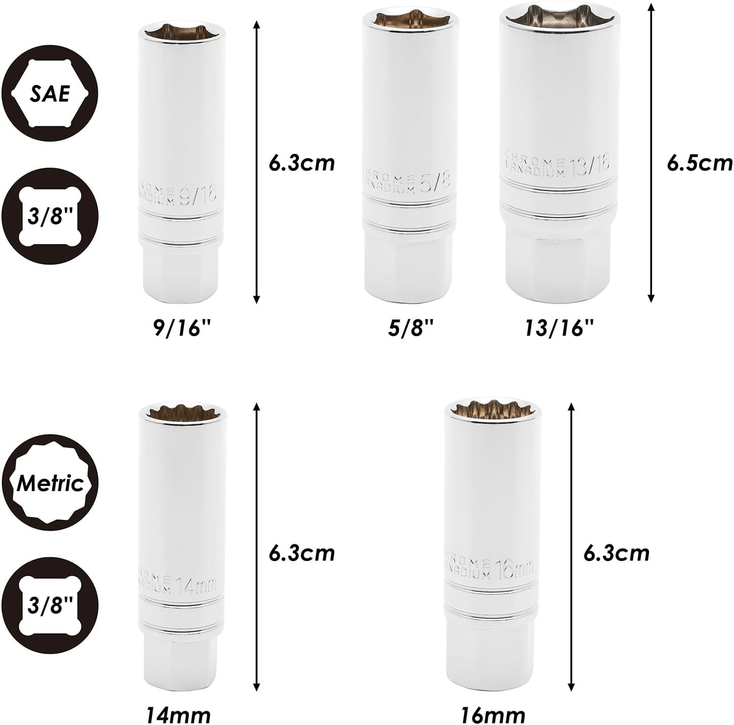 3/8» Drive Magnetic Spark Plug Socket Set – 5 Pieces, ANSI Standards Compliant