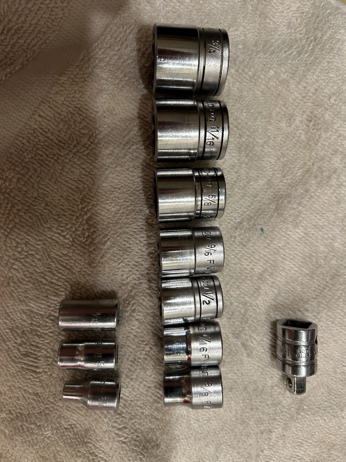 Snap-on Sockets 3/8 DR 3/4, 11/16, 5/8, 9/16, 1/2, 7/1 6, 3/8, 11/32, 5/16, 3/16