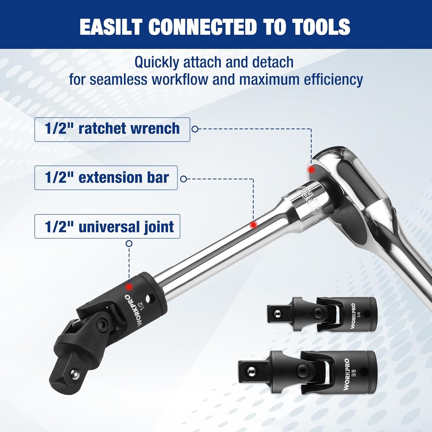 WORKPRO 3PC Universal Joint Socket Adapter Set 1/4″ 3/8″ 1/2″Dr Flexible U-Joint