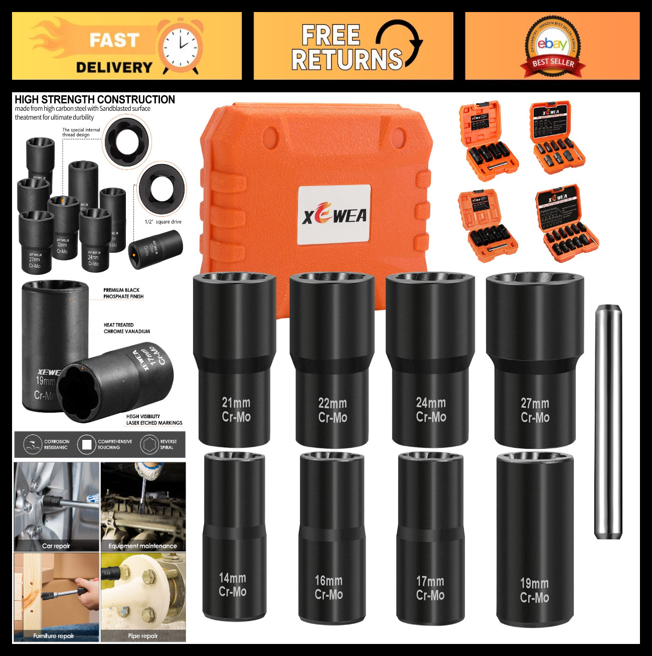 9PCS Lug Nut Extractor Set – 1/2″ Drive Impact Socket Tool, Wheel Lock Remover,