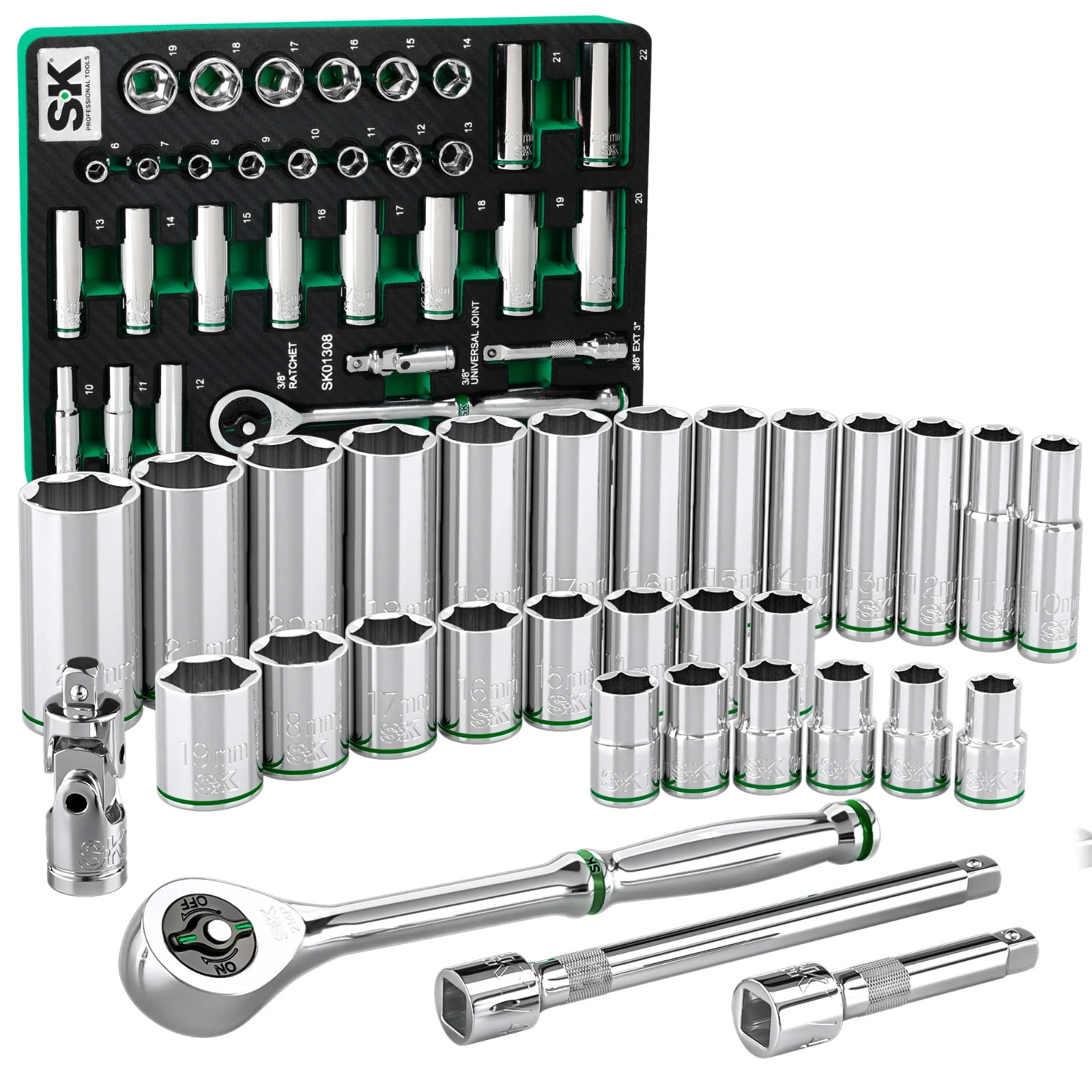 SK Tools SK01308-216P 31Pc 3/8″Dr, 6Pt, Standard & Deep, Metric Socket Set