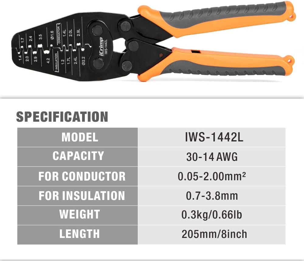 iCrimp Open Barrel Terminals Crimper IWS-1442L for AWG 30-14, Orange, Grey