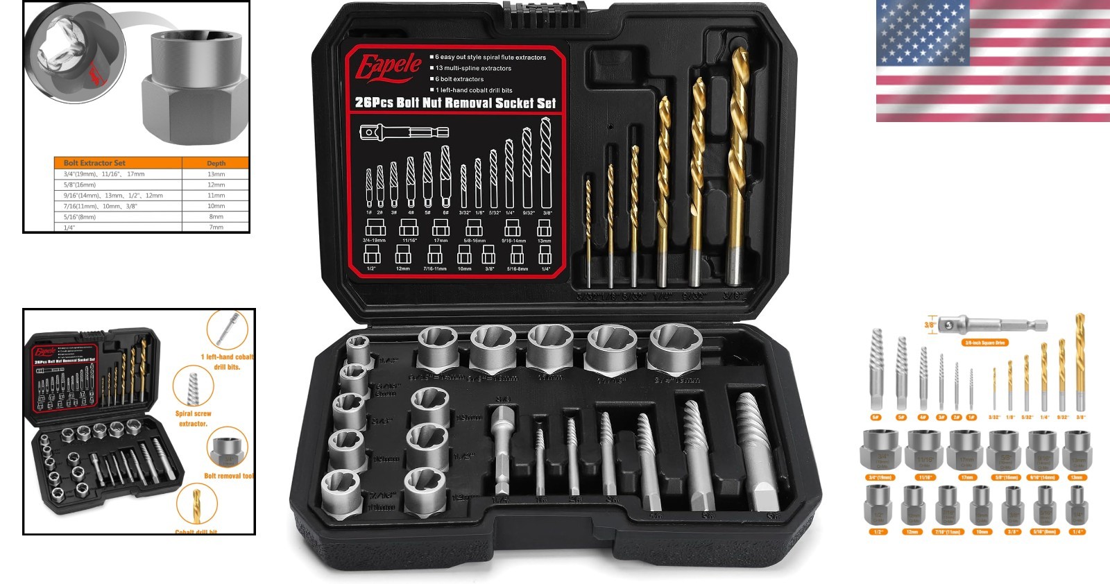 Stripped Nut Remover Set, 3/8″ Drive, 41Cr Chrome Steel
