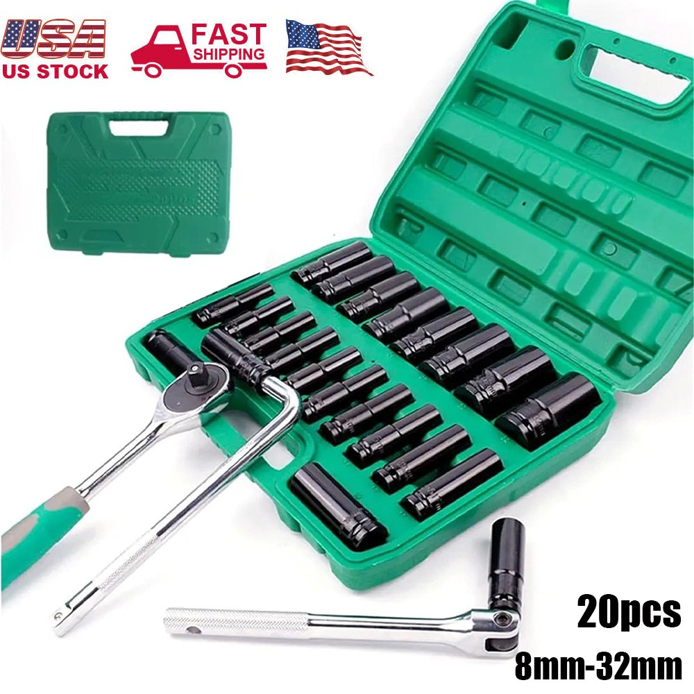 20pcs Metric Deep Impact Socket 1/2″ Drive 8mm-32mm 6 Point Sockets kit w/ case