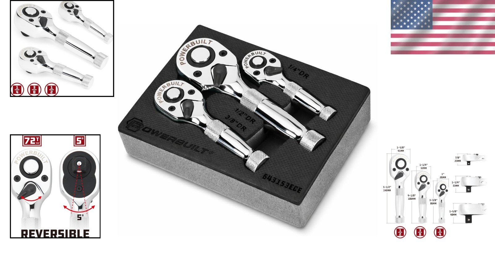 Compact 3-Piece Ratchet Set with Quick-Release & 90 Tooth for Tight Spaces