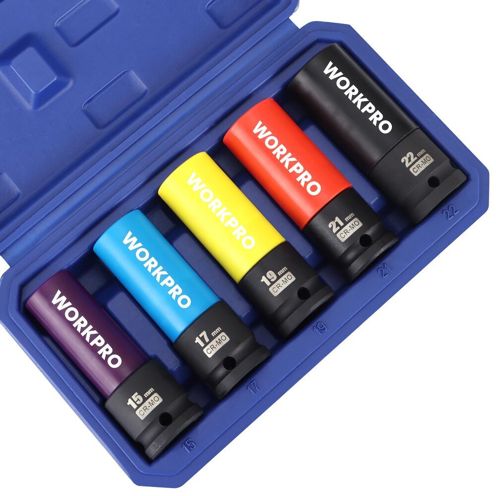 WORKPRO 5PCS 1/2″ Dr Impact Lug Nut Socket Set 15 17 19 21 22mm Thin Wall Socket