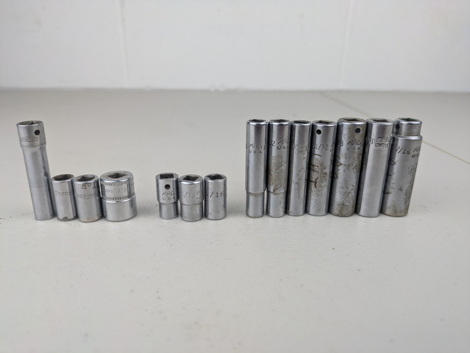 Assortment of 14 Snap On And Mac Sockets 1/4″ Drive 12 point 6 Point Used