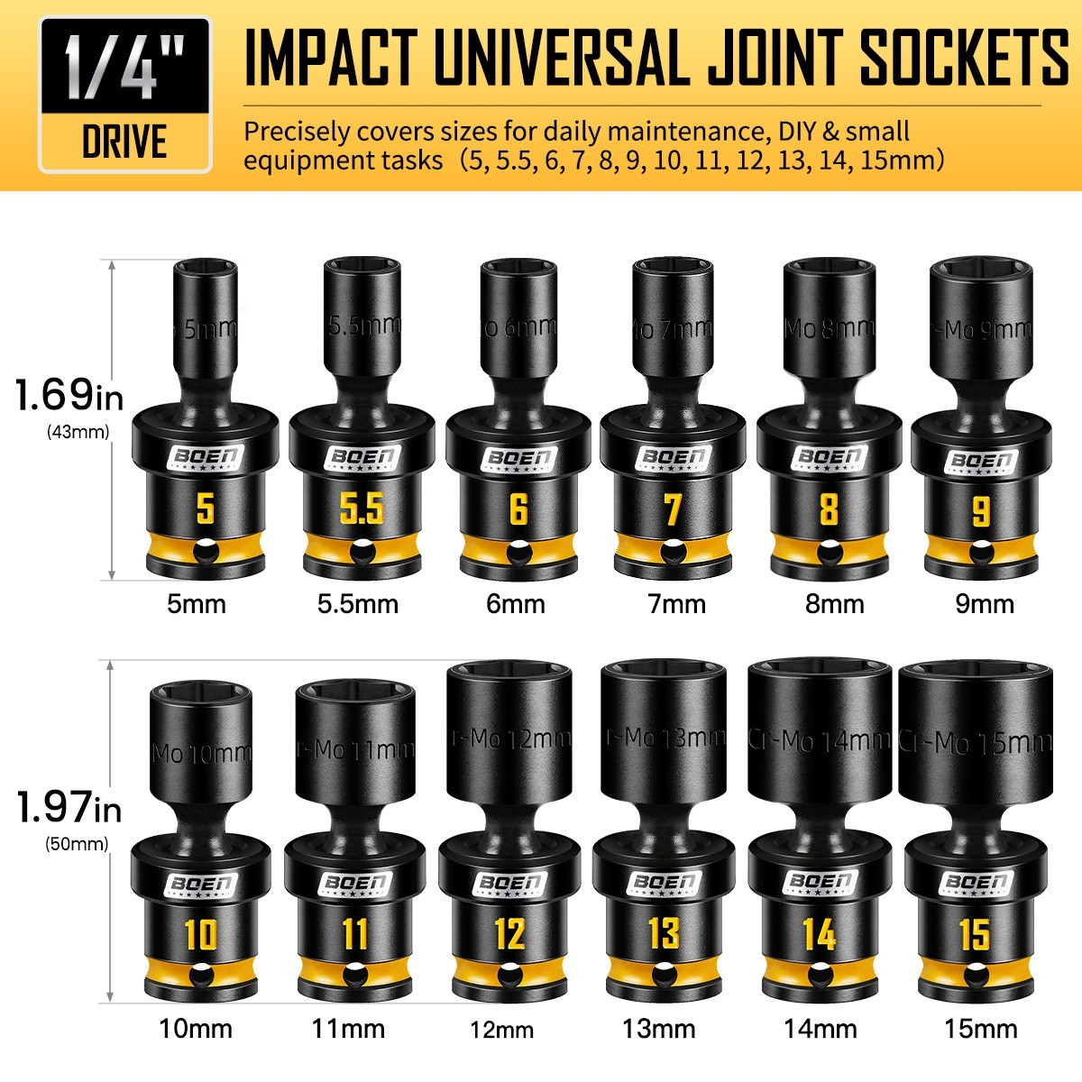 12-Piece 1/4″ Drive Metric Impact Swivel Socket Set (5-15mm)