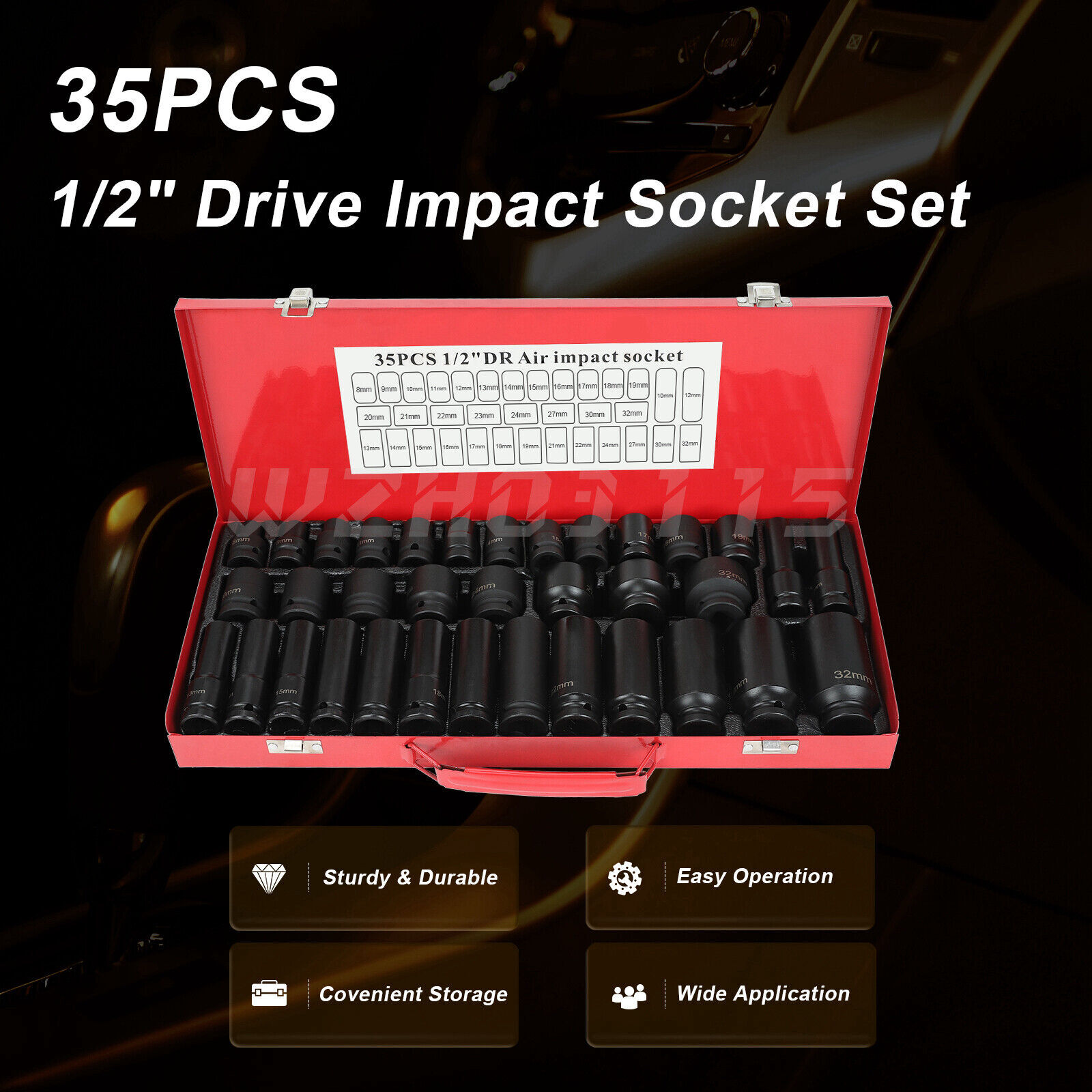 35pcs 1/2″ Inch Deep Impact Socket Set Drive 8-32mm Metric Garage Sae With Case