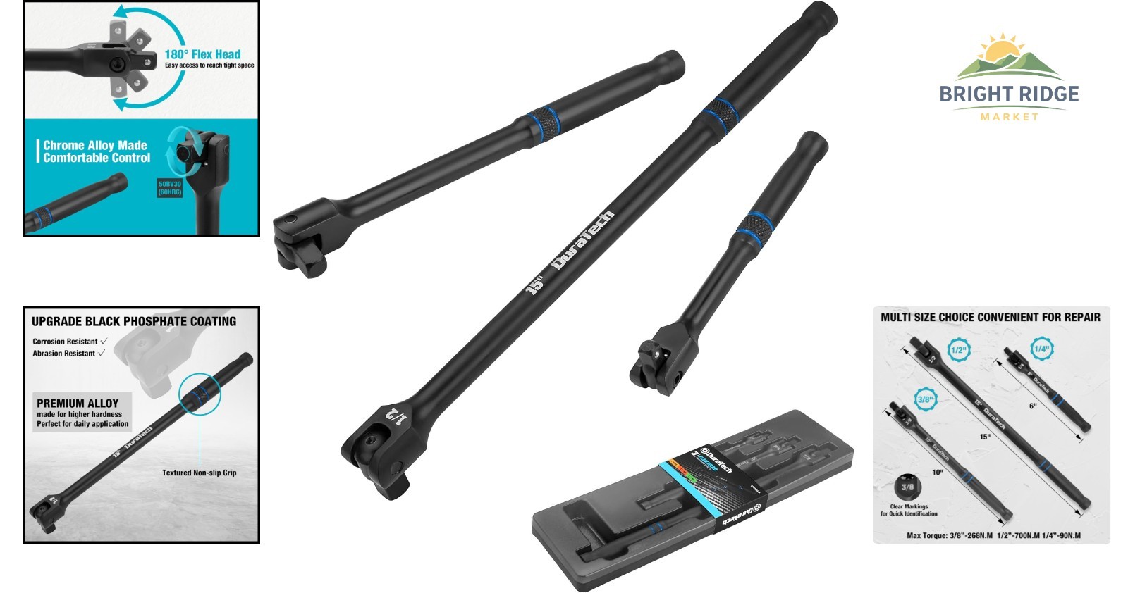 Manual Breaker Bar Set, 1/4, 3/8, 1/2 Inch Drive, Alloy Steel Construction