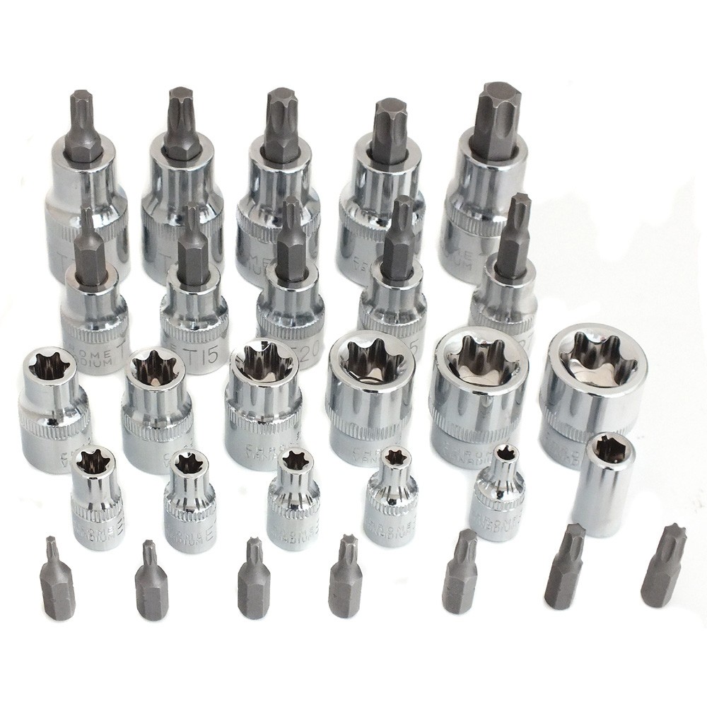 30pc Torx Sockets Bit Set Female Star E-torx Bits 1/4″ 3/8″ 1/2″ with Case
