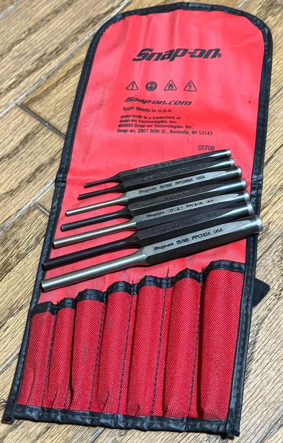 🇺🇸 Snap On Tools USA Pin Punch Set Lot Straight Roll Red Storage Pouch 7pc