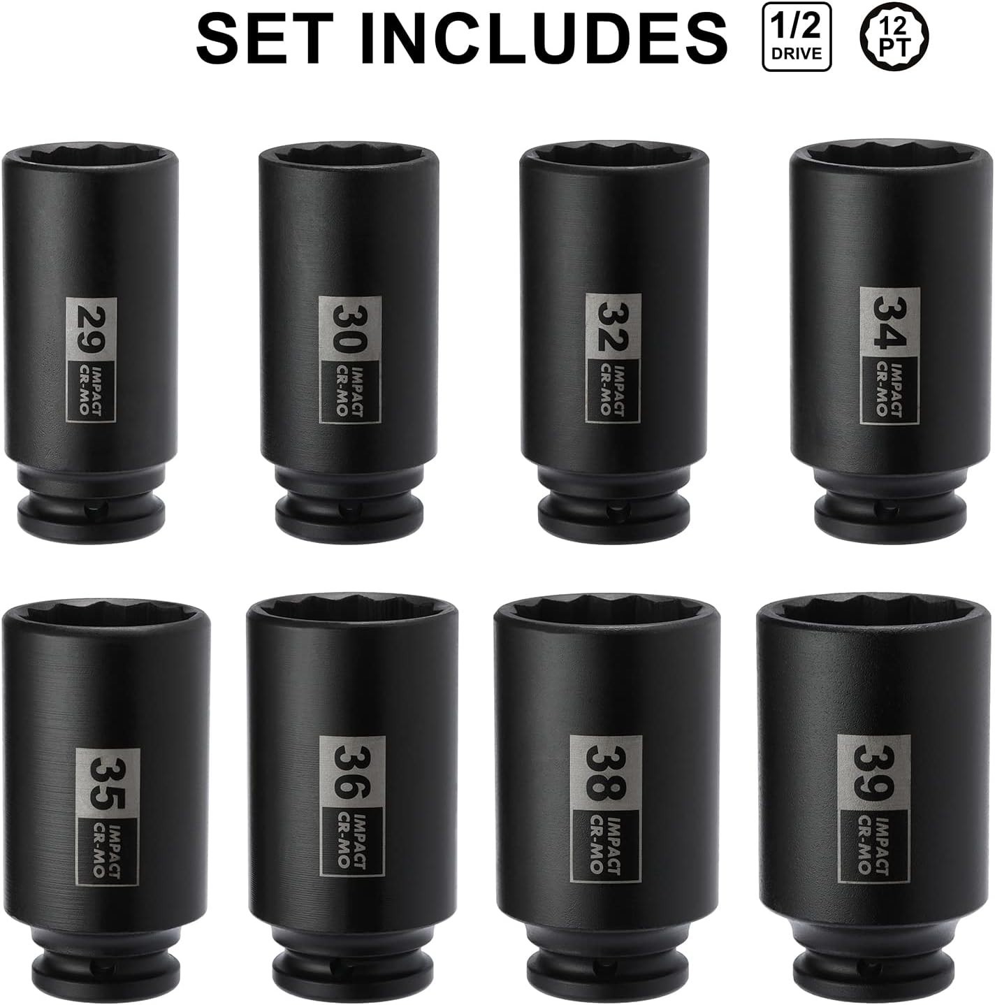 8pcs 1/2-inch Deep Spindle Axle Nut Impact Socket Set 29,30,32,34,35,36,38,39mm