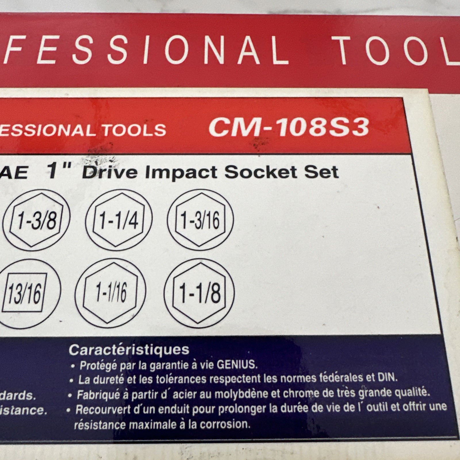 Genius CM 108S3 1″ Drive 8 Pc. Deep SAE Impact Socket Set to 3/4” To 1-1/2″ New