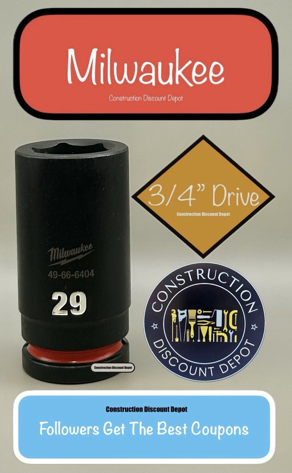 Milwaukee 49-66-6404 29MM Shockwave Impact Duty 3/4 In. Drive Deep Socket 29 mm