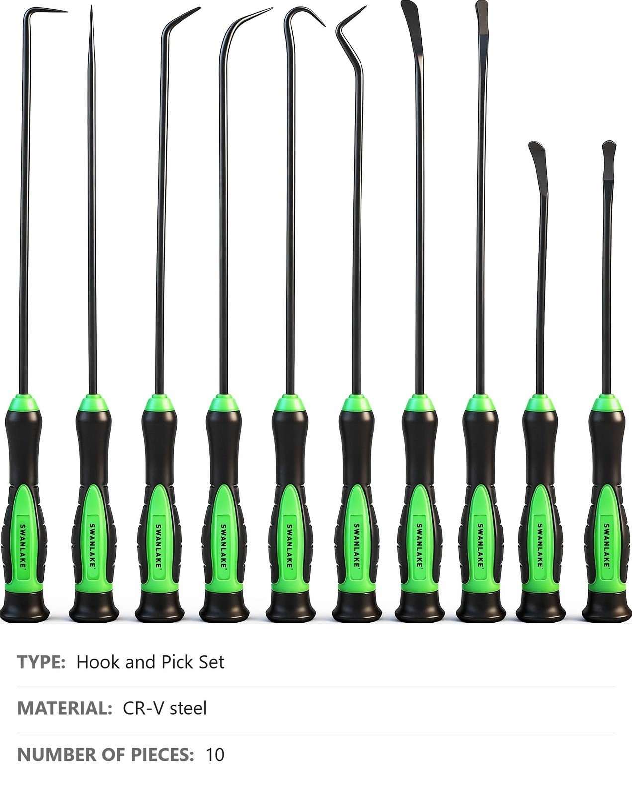 Hook and Pick Set, 10 Piece, CR-V Steel, Rubber Handle, Automotive Tools