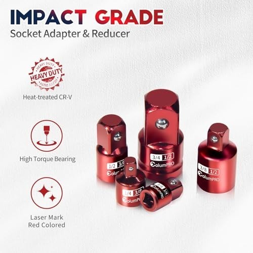 5PCS Impact Socket Adapter Converter&Reducer3/4, 3/8, 1/2, 1/4, 1/4 to 3/8