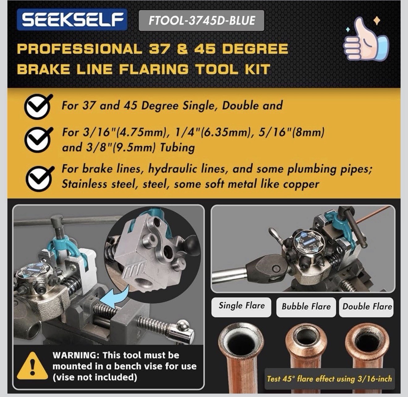 Professional Brake Line Flaring Tool Kit for 45 & 37 Degree Single, Double and B